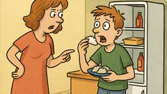 Dowcip: Matka wraca do domu, syn przy lodówce