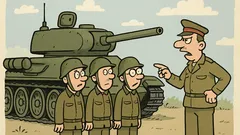 Dowcip: Młodzi pancerni przy czołgu, kapitan podchodzi