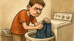 Dowcip: Młody chłopak pierze dżinsy i mruczy